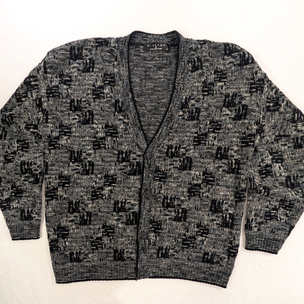 vtg Protege Collection Grandpa Cardigan‎ Sweater gray black blue Mens L
